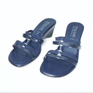 Italian Shoemakers Jeweled Navy Strap Wedge Heels